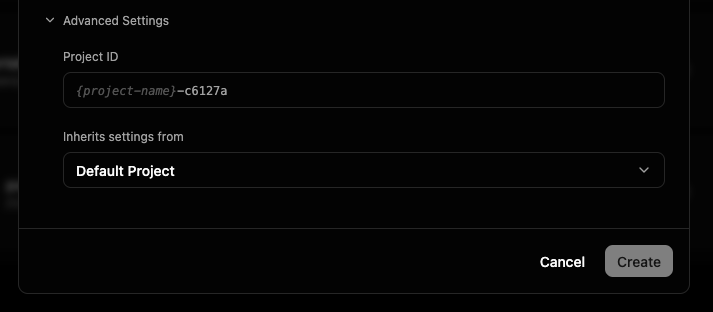 Advanced Settings expanded, showing the Project ID and Inherits-settings-from fields